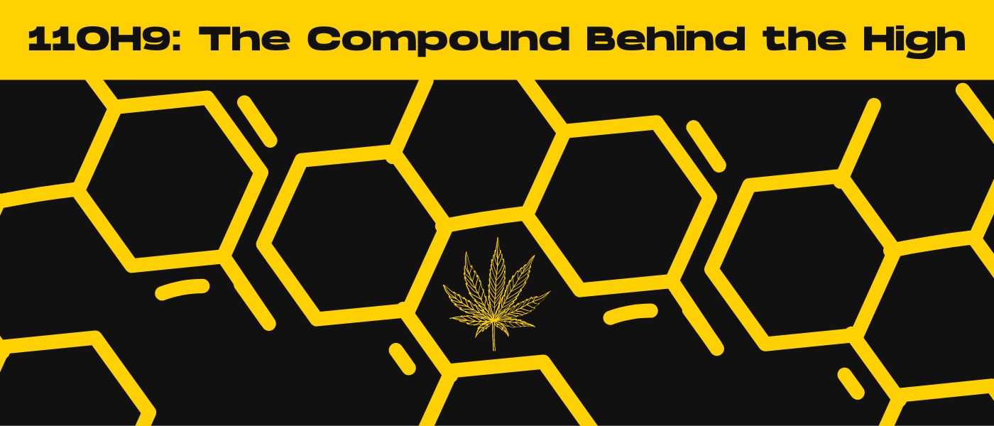 a black and yellow background with honeycombs and a marijuana leaf.