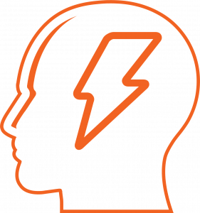 an orange outline of a head with a lightning bolt in it.