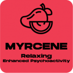 a red square with the words myrcene relaxing enhanced physchoactivity.