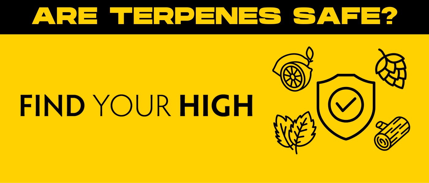 a yellow and black sign that says, are terpenes safe? find your.