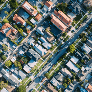 an aerial view of a California neighborhood