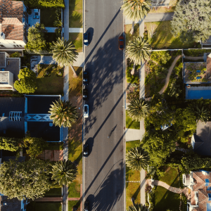 Aerial view of a California neighborhood street lined with palm trees