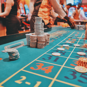 a casino table with chips