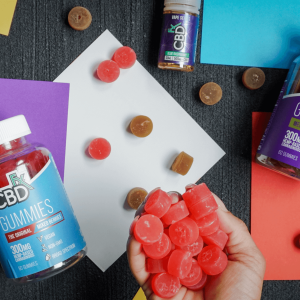 a flat lay image of CBD gummies