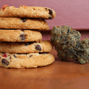 Cookies pictured next to a cannabis nug