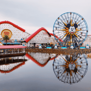 Disneyland’s Pixar Pier featuring a blue ferris wheel and rollercoaster rides in Anaheim California