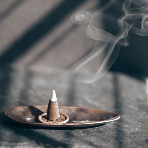 An incense cone burning