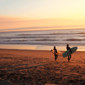 Two surfers at sunset in Anaheim California