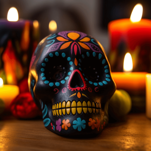 a colorful skull sat next to lit candles