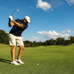 A man in a black shirt golfing