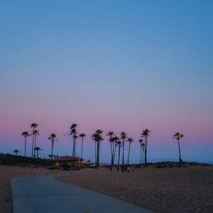 A pathway leading to a beach at dusk