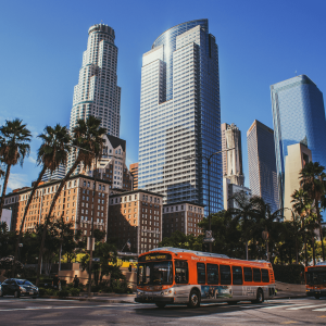 Bus on road in Los Angeles