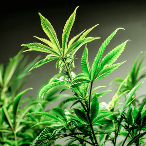 a cannabis plant in a neon grow room
