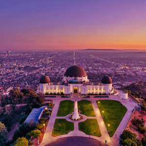 aerial view of Griffith Observatory at sunset