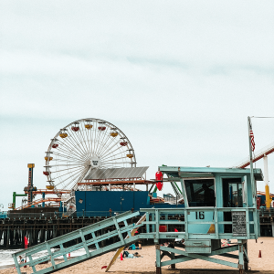 Santa Monica Pier behind a lifeguard post 