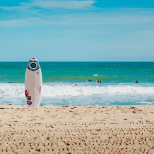 A surfboard on the shore of Redondo Beach