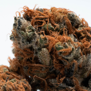 close up image of green and brown cannabis flower with white trichomes