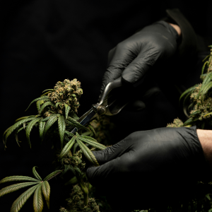 a person wearing black gloves clipping a cannabis plant