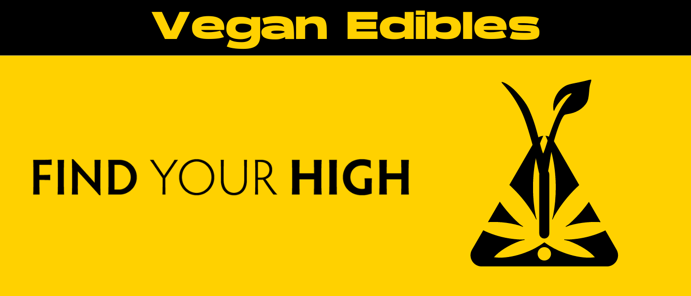 black and yellow banner image that says vegan edibles