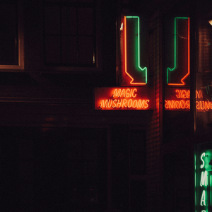 a neon sign advertising magic mushrooms