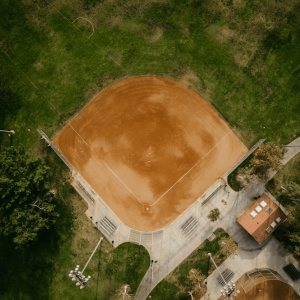 an aerial view of a baseball field 