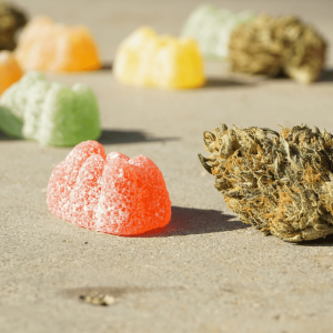 gummies pictured next to a cannabis bud