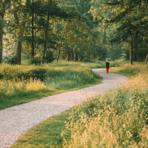 a woman walking along a nature trail
