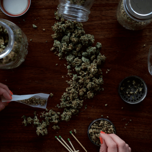 jars of nugs and a person rolling a joint