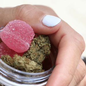 cannabis flower and pink gummies