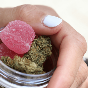 hand holding jar of nugs and gummies