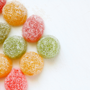 multi-colored gummies covered in sugar