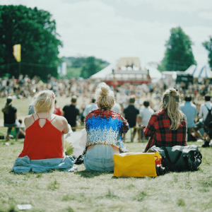 people at a festival sitting in grass