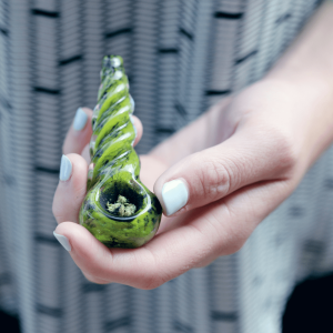 person holding green pipe with flower inside