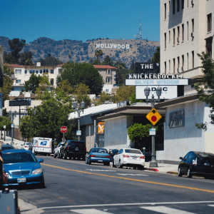 LA street with Hollywood sign in the background