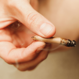 a person holding a burning brown joint