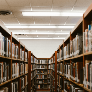 library books on brown shelves