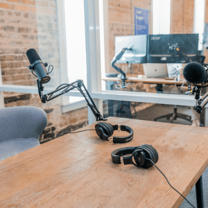 a podcast setup on a desk