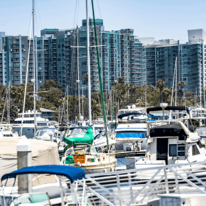 marina with boats and tall apartment building in background