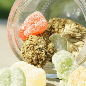 hemp gummies and flower spilling out of a jar