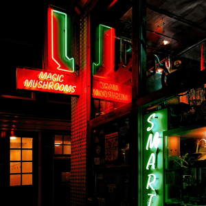 neon sign advertising magic mushrooms