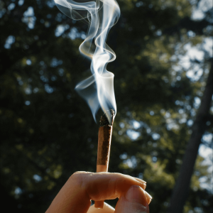 burning joint under sky and trees